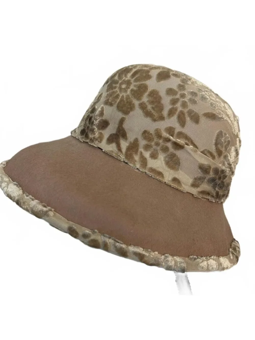 Vintage Julianne Walters LTD Floral Wide Brim Hat Beige Burnout Velvet Derby